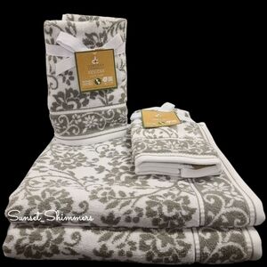 6pc Deborah Connolly Floral Scroll Damask Bath Hand Tip Towel Set Gray White NEW